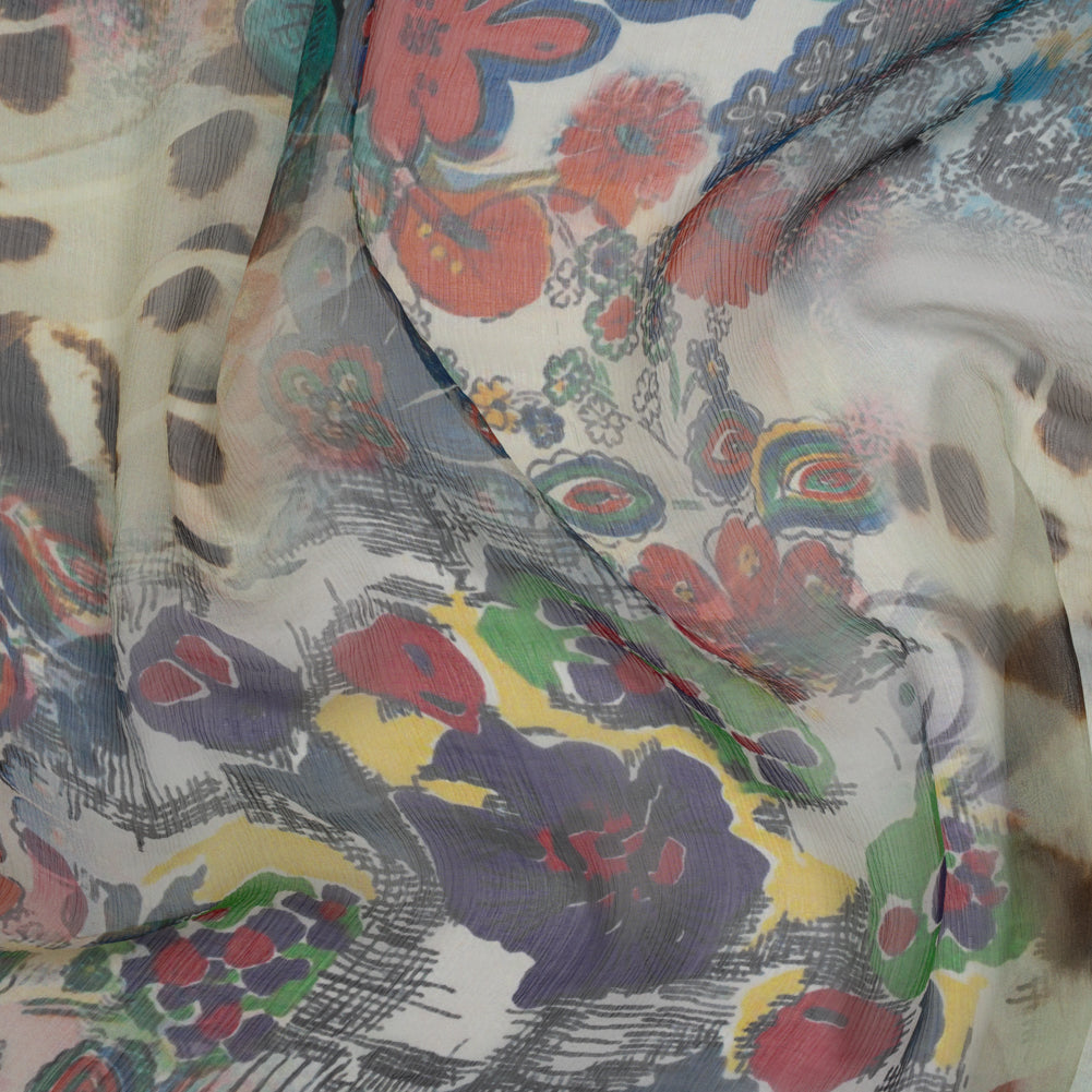 Crinkled Silk Chiffon Print - White, Pink and Yellow Floral - Deadstock