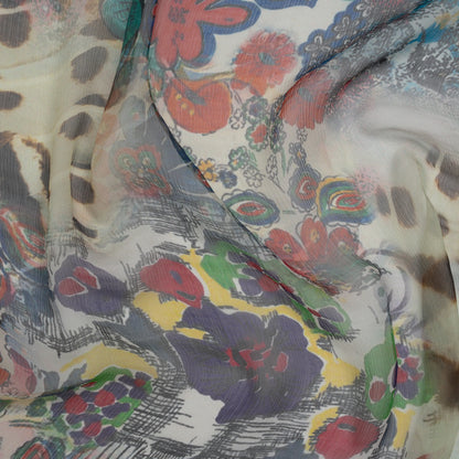 Crinkled Silk Chiffon Print - White, Pink and Yellow Floral - Deadstock