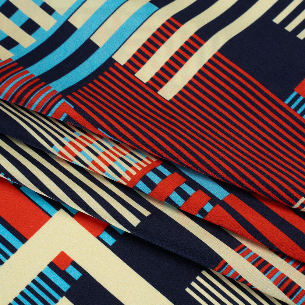 Stretch Silk Charmeuse Print - Red, Blue and Pale Yellow Striped Geometrics - Deadstock - Folded