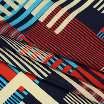 Stretch Silk Charmeuse Print - Red, Blue and Pale Yellow Striped Geometrics - Deadstock
