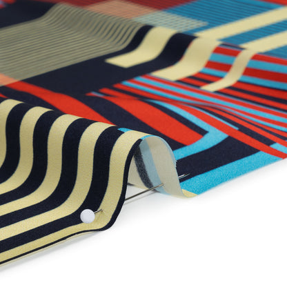 Stretch Silk Charmeuse Print - Red, Blue and Pale Yellow Striped Geometrics - Deadstock