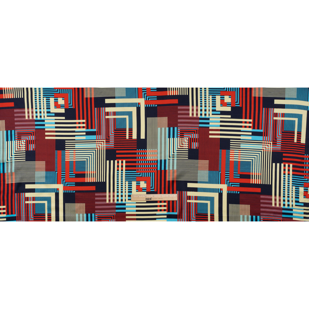 Stretch Silk Charmeuse Print - Red, Blue and Pale Yellow Striped Geometrics - Deadstock - Full
