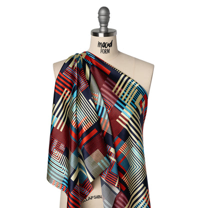 Stretch Silk Charmeuse Print - Red, Blue and Pale Yellow Striped Geometrics - Deadstock