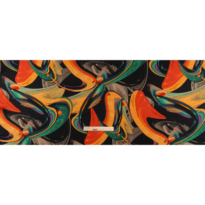 Stretch Silk Charmeuse Print - Black, Green and Orange Celestial Swooshes - Deadstock
