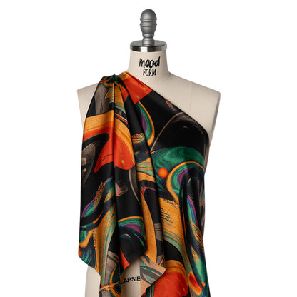 Stretch Silk Charmeuse Print - Black, Green and Orange Celestial Swooshes - Deadstock