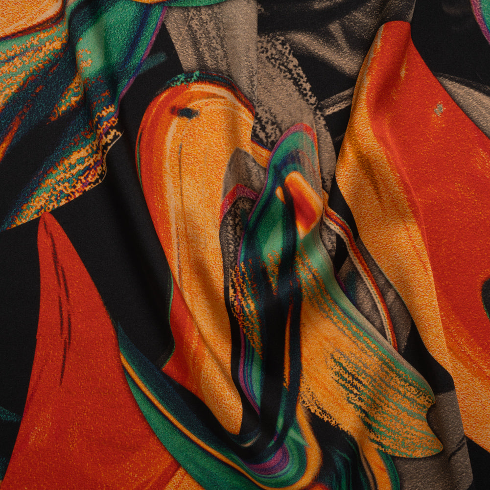 Stretch Silk Charmeuse Print - Black, Green and Orange Celestial Swooshes - Deadstock