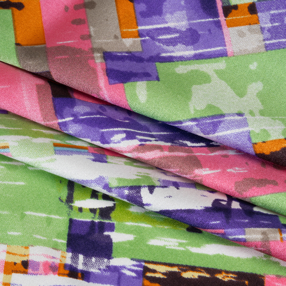 Stretch Silk Charmeuse Print - Pink, Purple and Green Blocks and Brush Strokes - Deadstock - Folded