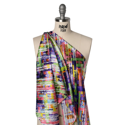 Stretch Silk Charmeuse Print - Pink, Purple and Green Blocks and Brush Strokes - Deadstock