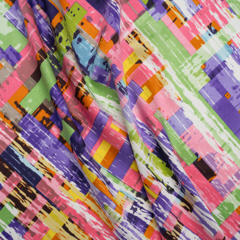 Stretch Silk Charmeuse Print - Pink, Purple and Green Blocks and Brush Strokes - Deadstock