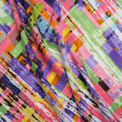 Stretch Silk Charmeuse Print - Pink, Purple and Green Blocks and Brush Strokes - Deadstock
