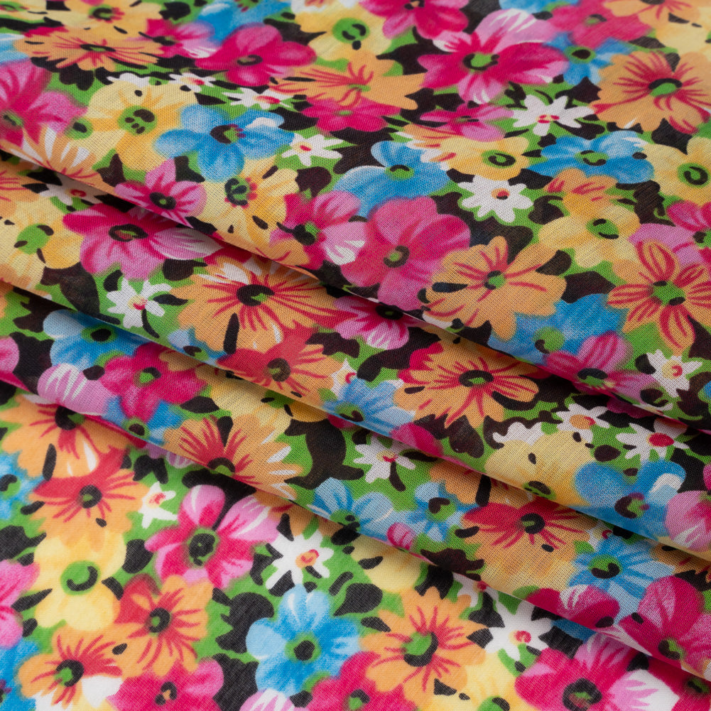 Silk and Cotton Voile Print - Pink, Yellow and Blue Floral - Deadstock - Folded