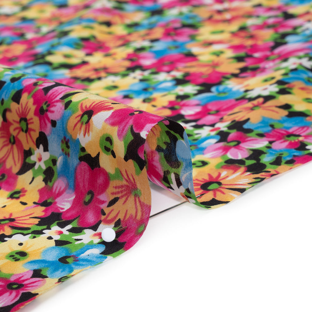 Silk and Cotton Voile Print - Pink, Yellow and Blue Floral - Deadstock - Detail