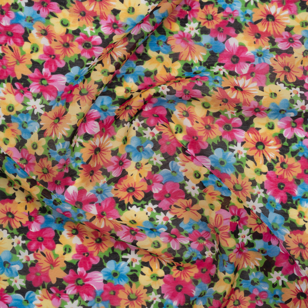 Silk and Cotton Voile Print - Pink, Yellow and Blue Floral - Deadstock