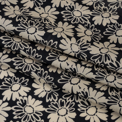 Silk and Cotton Voile Print - Cream and Black Floral - Deadstock