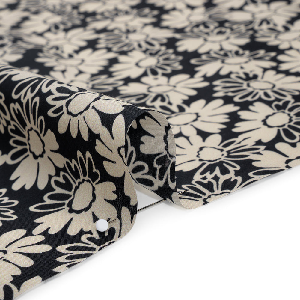 Silk and Cotton Voile Print - Cream and Black Floral - Deadstock - Detail