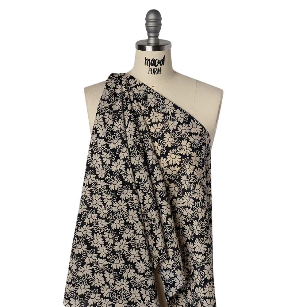 Silk and Cotton Voile Print - Cream and Black Floral - Deadstock - Drape