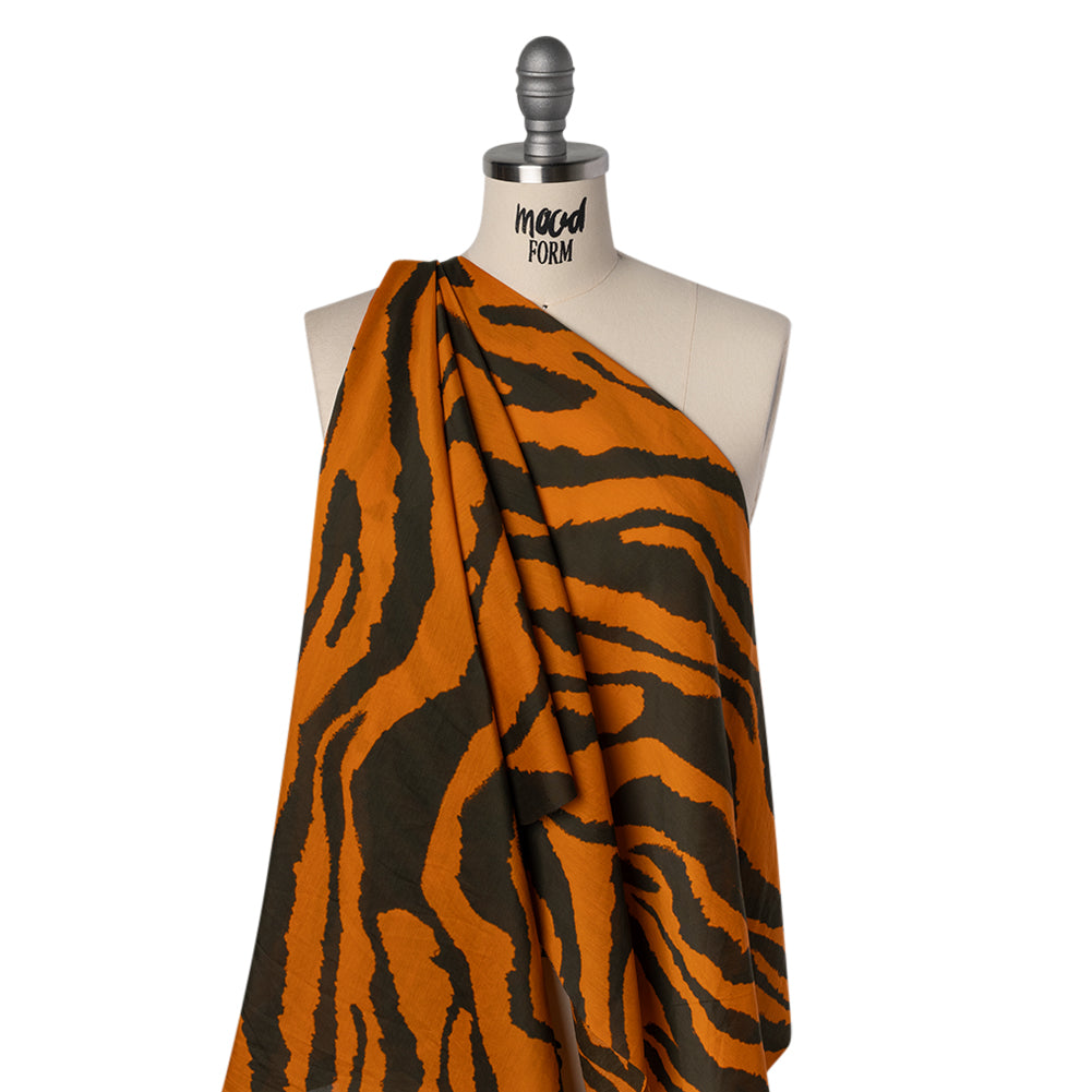 Silk and Cotton Voile Print - Orange and Dark Brown Big Tiger Stripes - Deadstock - Drape