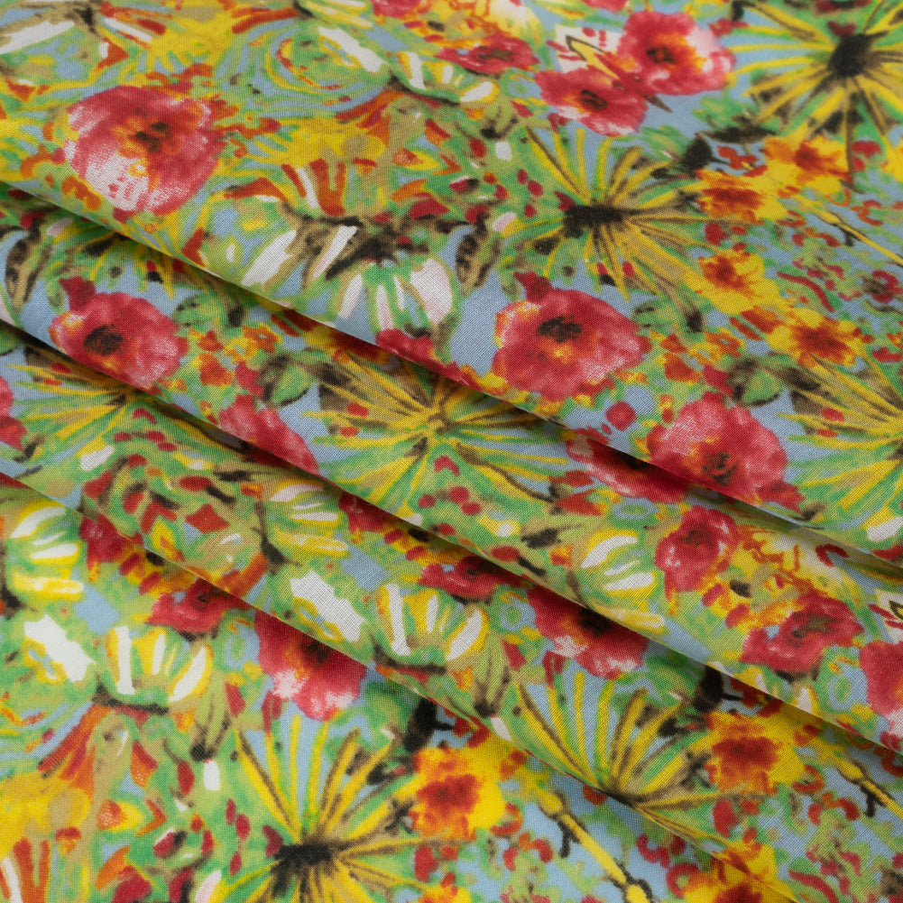 Silk and Cotton Voile Print - Bright Pink, Yellow and Light Blue Tropical Flower Medallions - Deadstock - Folded