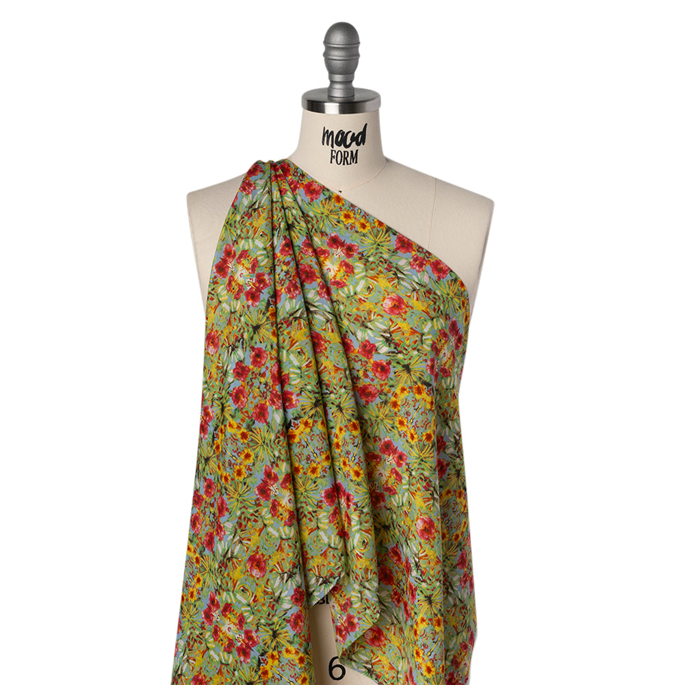 Silk and Cotton Voile Print - Bright Pink, Yellow and Light Blue Tropical Flower Medallions - Deadstock - Drape