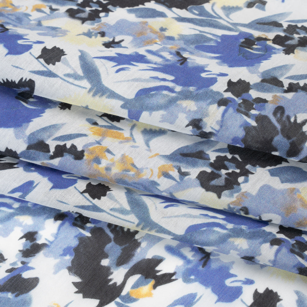 Silk and Cotton Voile Print - Blue, Yellow and White Floral - Deadstock - Folded
