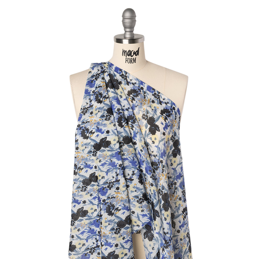 Silk and Cotton Voile Print - Blue, Yellow and White Floral - Deadstock - Drape