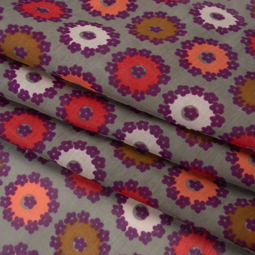 Silk and Cotton Voile Print - Gray, Purple and Pink Flower Medallions - Deadstock - Folded