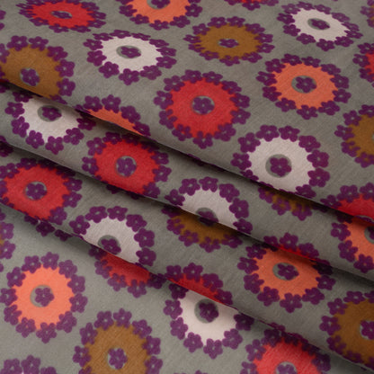 Silk and Cotton Voile Print - Gray, Purple and Pink Flower Medallions - Deadstock