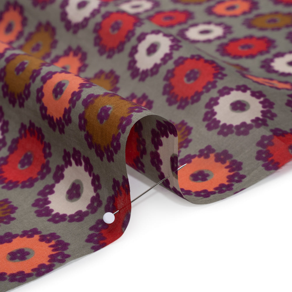 Silk and Cotton Voile Print - Gray, Purple and Pink Flower Medallions - Deadstock - Detail