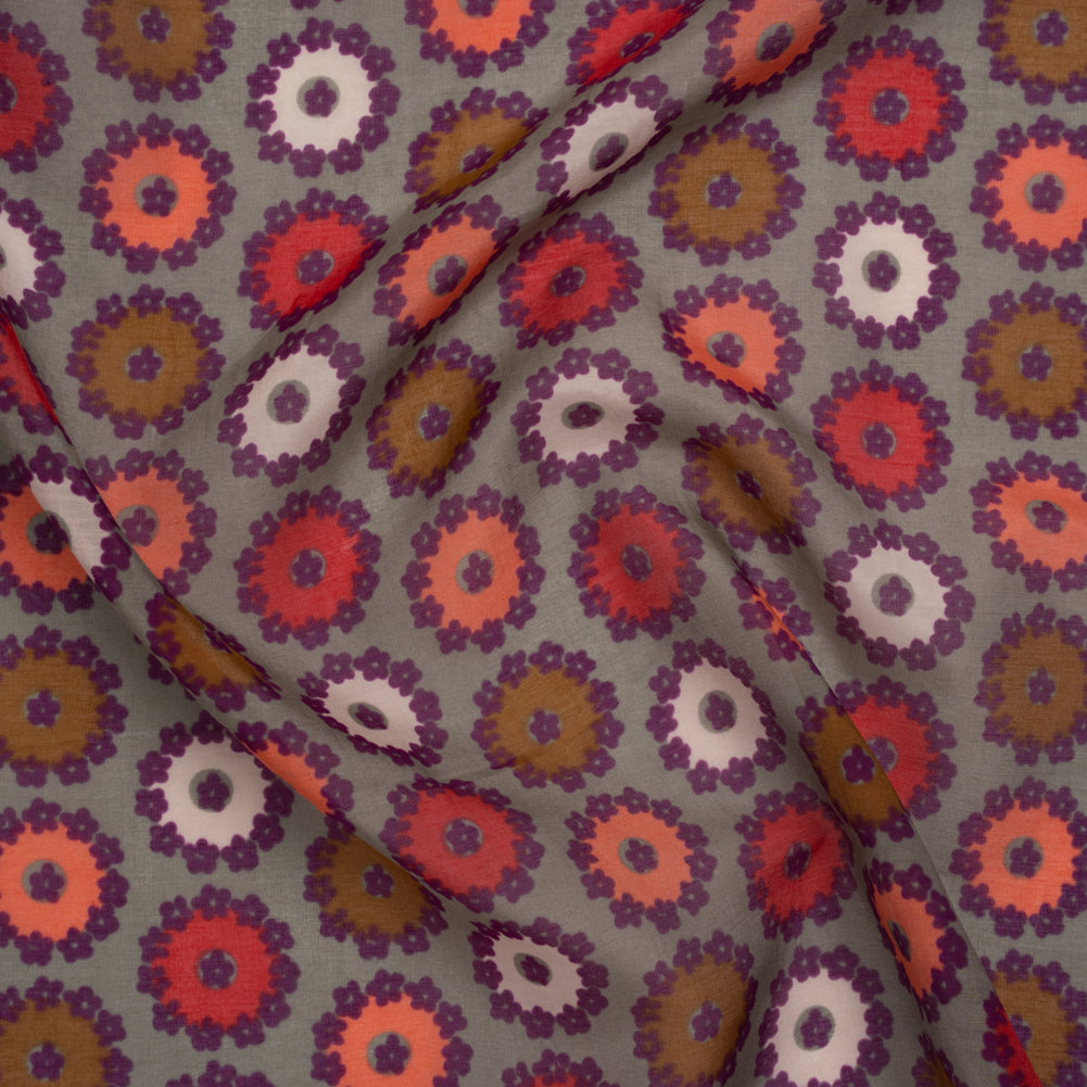 Silk and Cotton Voile Print - Gray, Purple and Pink Flower Medallions - Deadstock