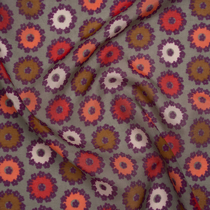 Silk and Cotton Voile Print - Gray, Purple and Pink Flower Medallions - Deadstock