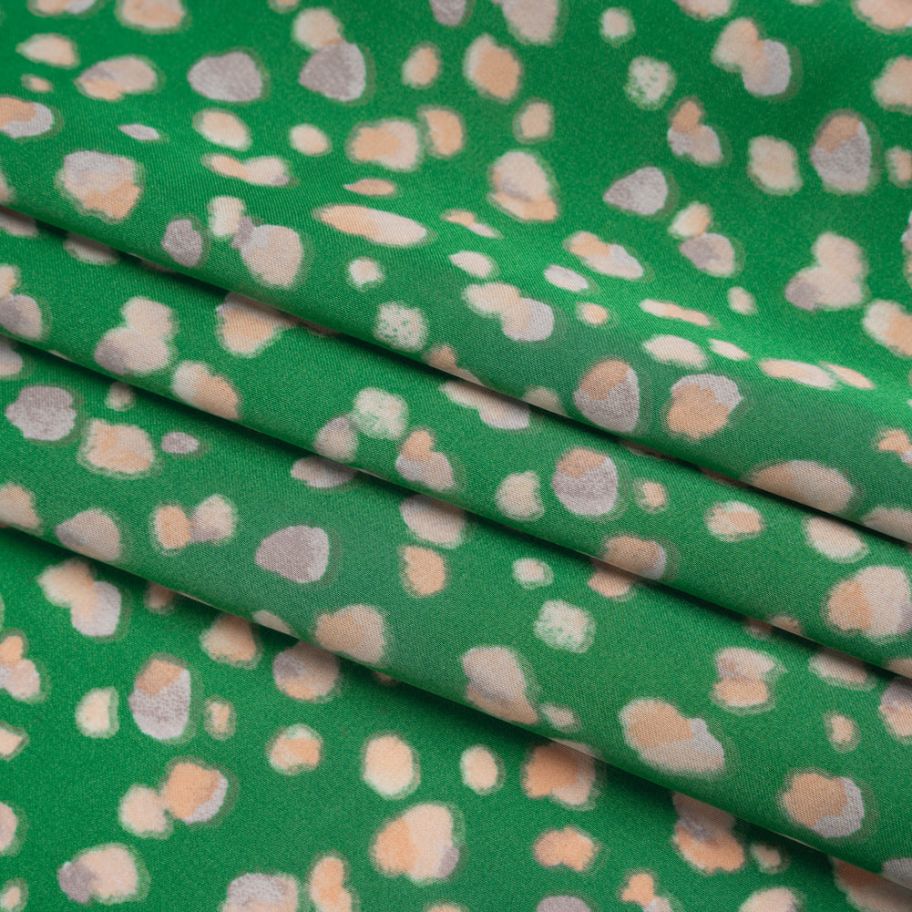 Polyester Satin Print - Kelly Green, Beige and Gray Abstract Dots - Designer Deadstock - Folded