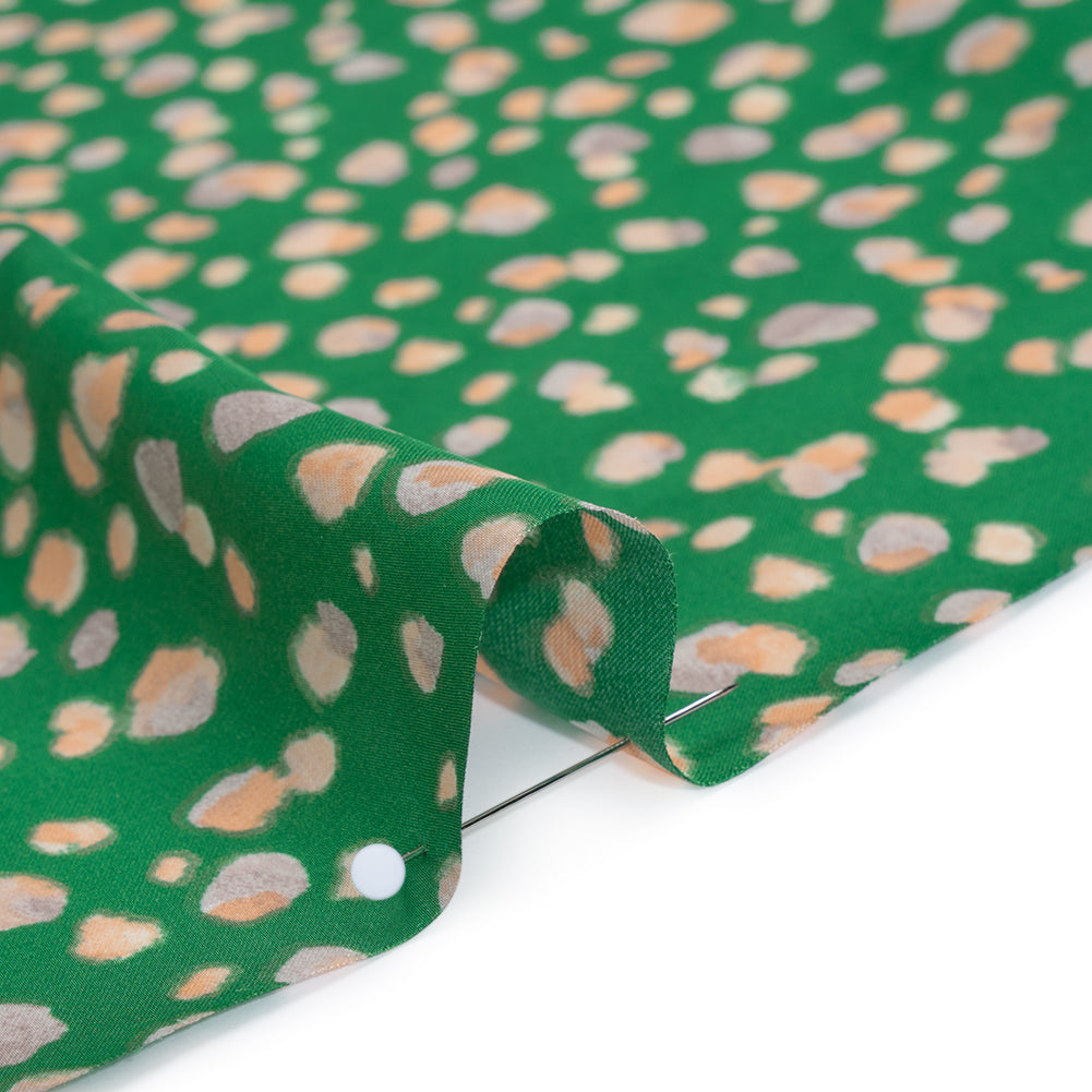 Polyester Satin Print - Kelly Green, Beige and Gray Abstract Dots - Designer Deadstock - Detail