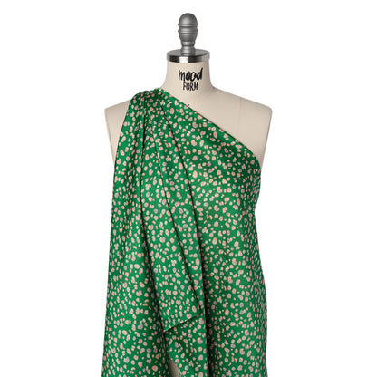 Polyester Satin Print - Kelly Green, Beige and Gray Abstract Dots - Designer Deadstock