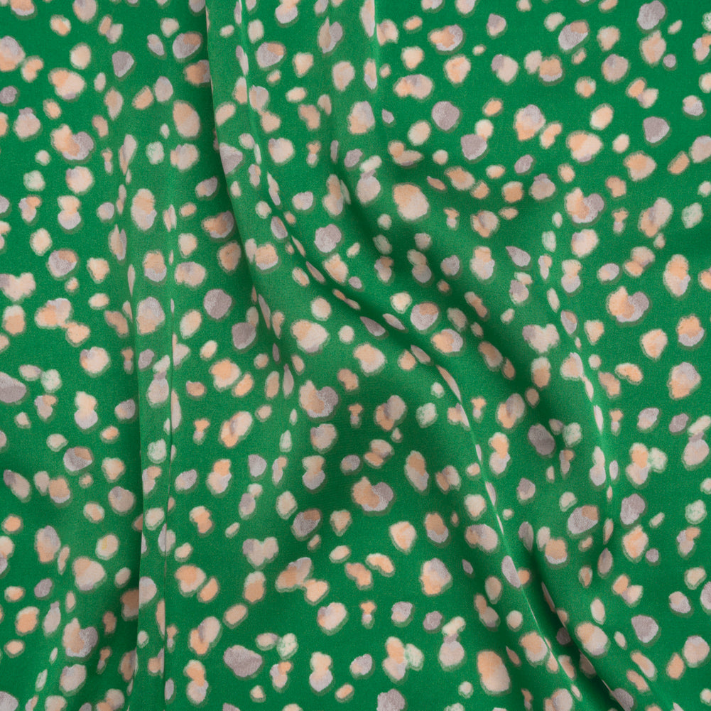 Polyester Satin Print - Kelly Green, Beige and Gray Abstract Dots - Designer Deadstock