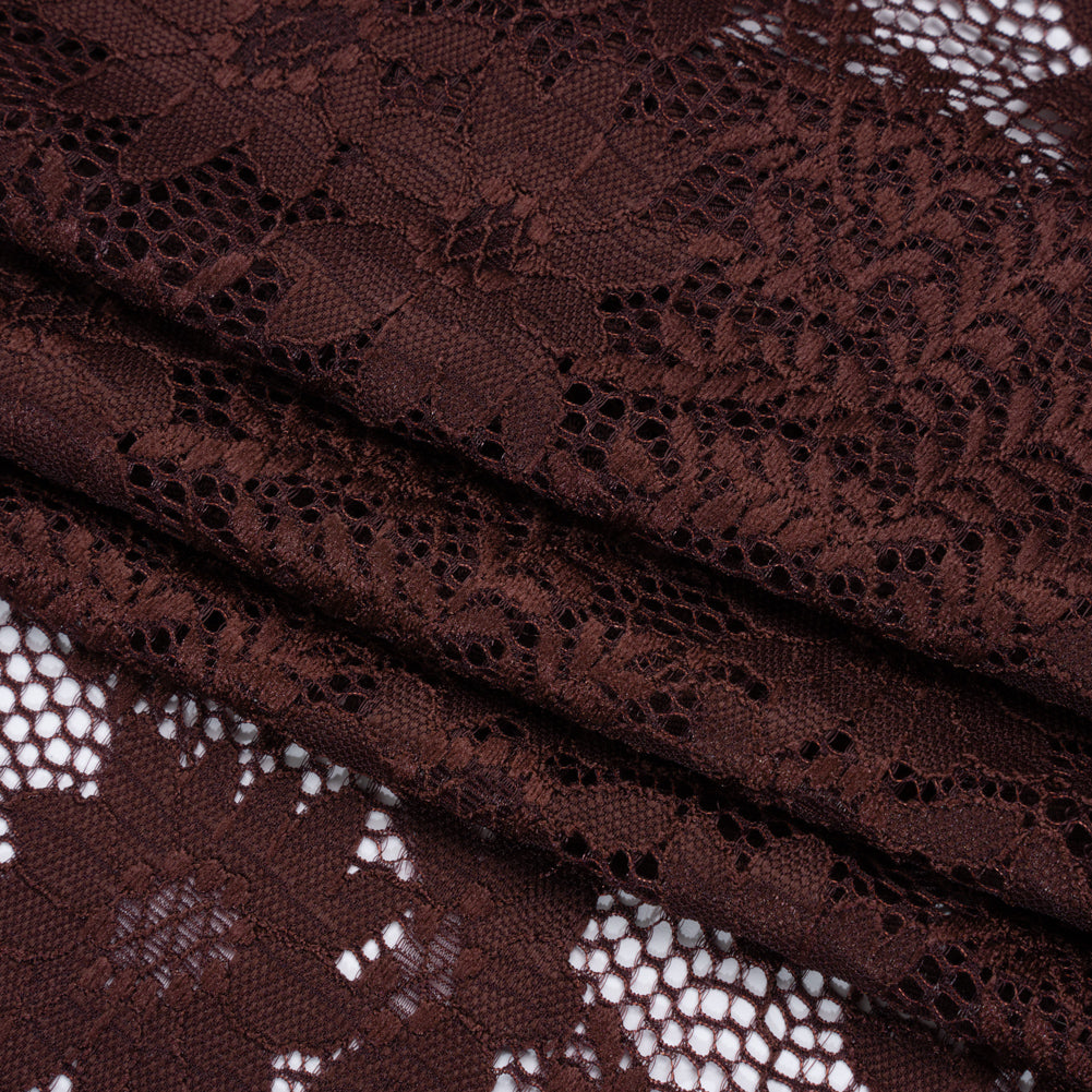 Nylon Re-Embroidered Stretch Lace - Chocolate Brown Flowers and Little Leaves - Designer Deadstock - Folded