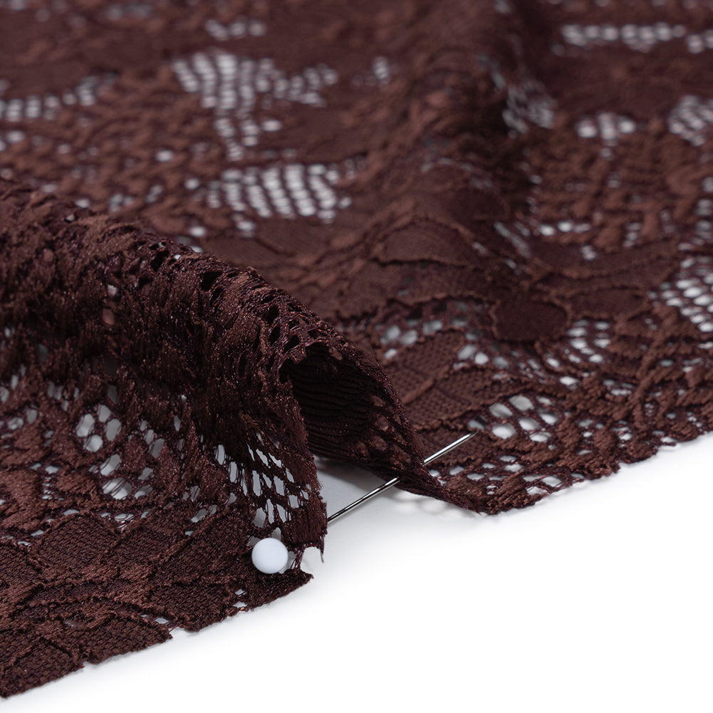 Nylon Re-Embroidered Stretch Lace - Chocolate Brown Flowers and Little Leaves - Designer Deadstock - Detail
