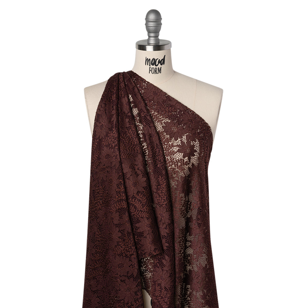 Nylon Re-Embroidered Stretch Lace - Chocolate Brown Flowers and Little Leaves - Designer Deadstock - Drape