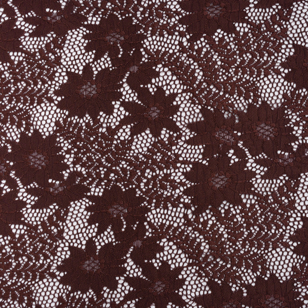 Nylon Re-Embroidered Stretch Lace - Chocolate Brown Flowers and Little Leaves - Designer Deadstock