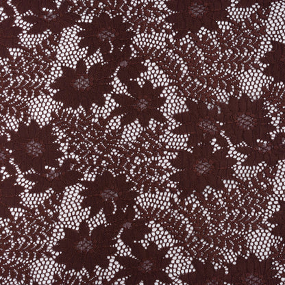 Nylon Re-Embroidered Stretch Lace - Chocolate Brown Flowers and Little Leaves - Designer Deadstock