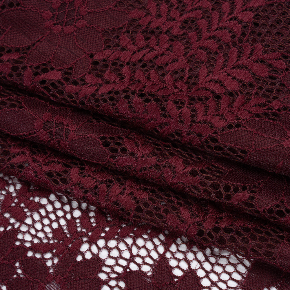 Nylon Re-Embroidered Stretch Lace - Burgundy Flowers and Little Leaves - Designer Deadstock - Folded