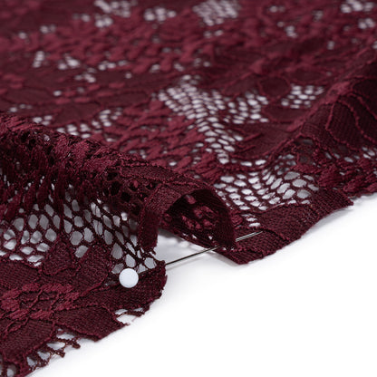 Nylon Re-Embroidered Stretch Lace - Burgundy Flowers and Little Leaves - Designer Deadstock