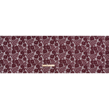 Nylon Re-Embroidered Stretch Lace - Burgundy Flowers and Little Leaves - Designer Deadstock