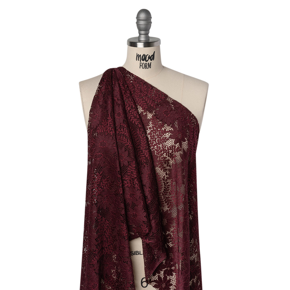 Nylon Re-Embroidered Stretch Lace - Burgundy Flowers and Little Leaves - Designer Deadstock - Drape