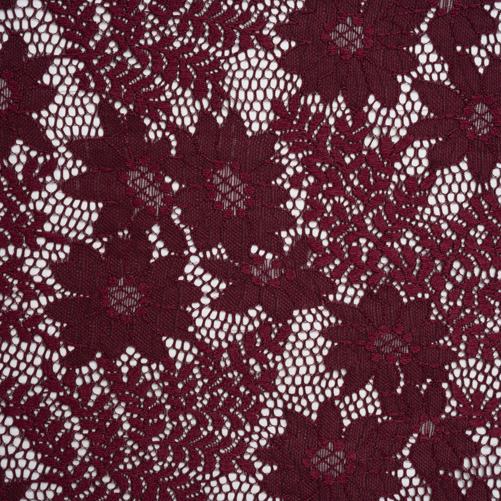Nylon Re-Embroidered Stretch Lace - Burgundy Flowers and Little Leaves - Designer Deadstock
