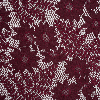 Nylon Re-Embroidered Stretch Lace - Burgundy Flowers and Little Leaves - Designer Deadstock