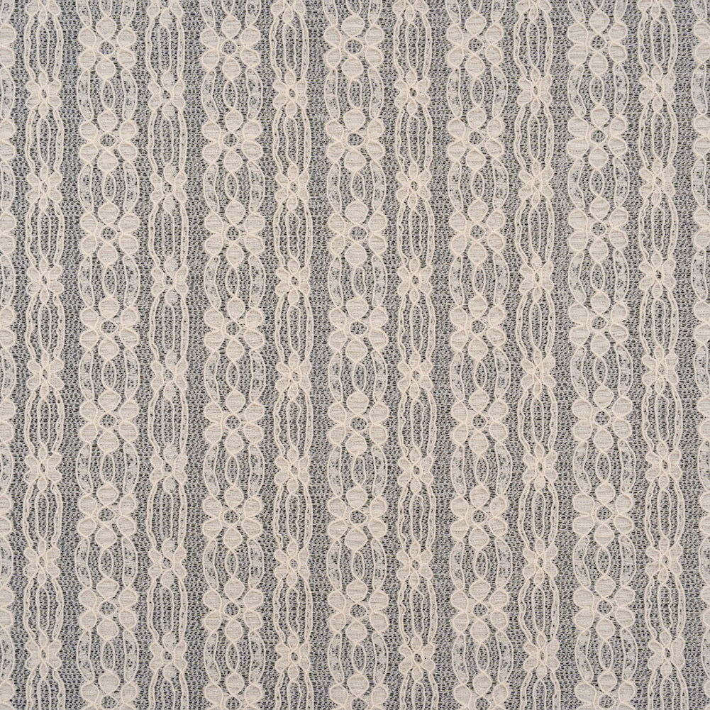Crinkled Stretch Corded Lace - Gardenia Floral Stripes - Designer Deadstock