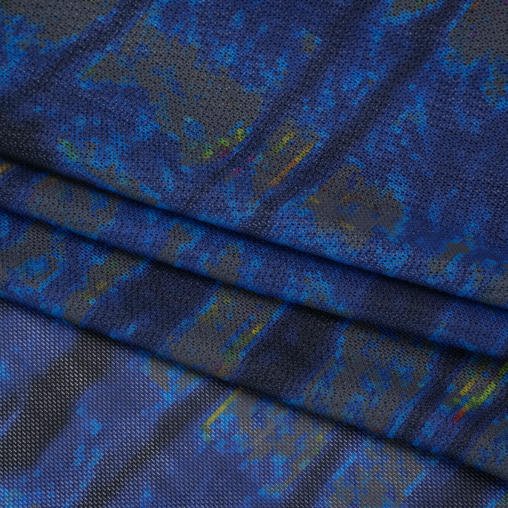 Polyester Stretch Mesh - Electric Blue, Olive and Black Abstract Plaid - Designer Deadstock - Folded