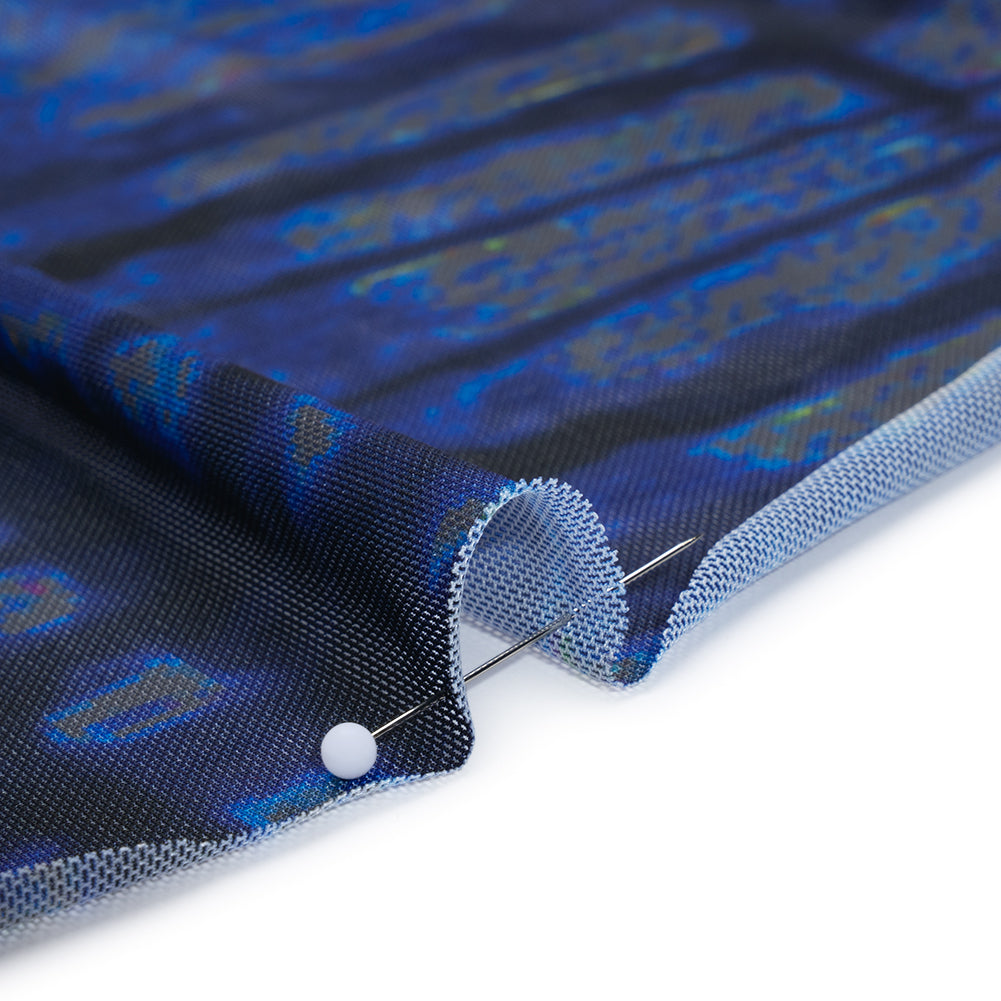Polyester Stretch Mesh - Electric Blue, Olive and Black Abstract Plaid - Designer Deadstock - Detail
