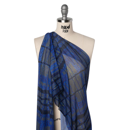 Polyester Stretch Mesh - Electric Blue, Olive and Black Abstract Plaid - Designer Deadstock