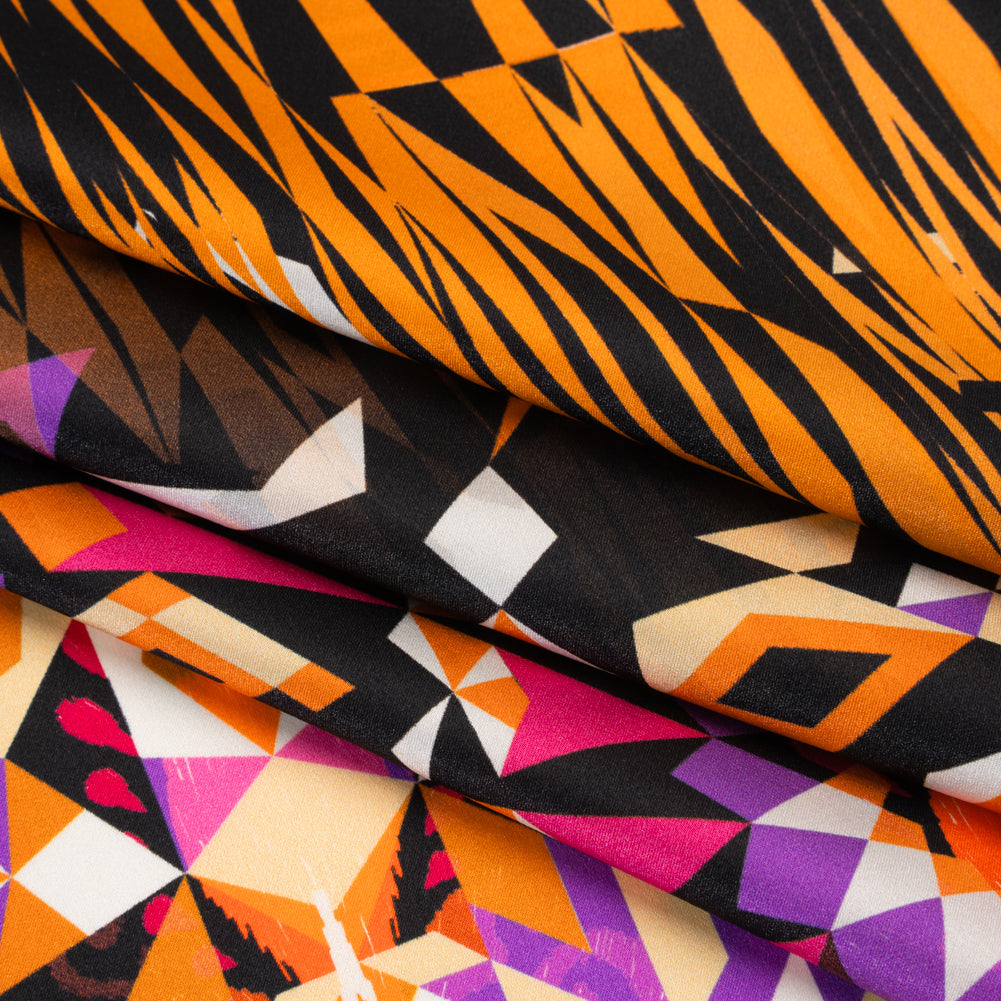 Silk Charmeuse Panel 16MM, Made in Italy - Pink, Purple and Orange Geometric Kaleidoscope Medallions - Folded